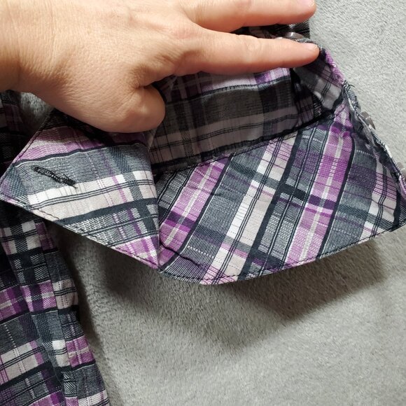 Social Collision Long Sleeve Button Up Plaid Shirt Purple Black Gray Men Sz L - Picture 7 of 10